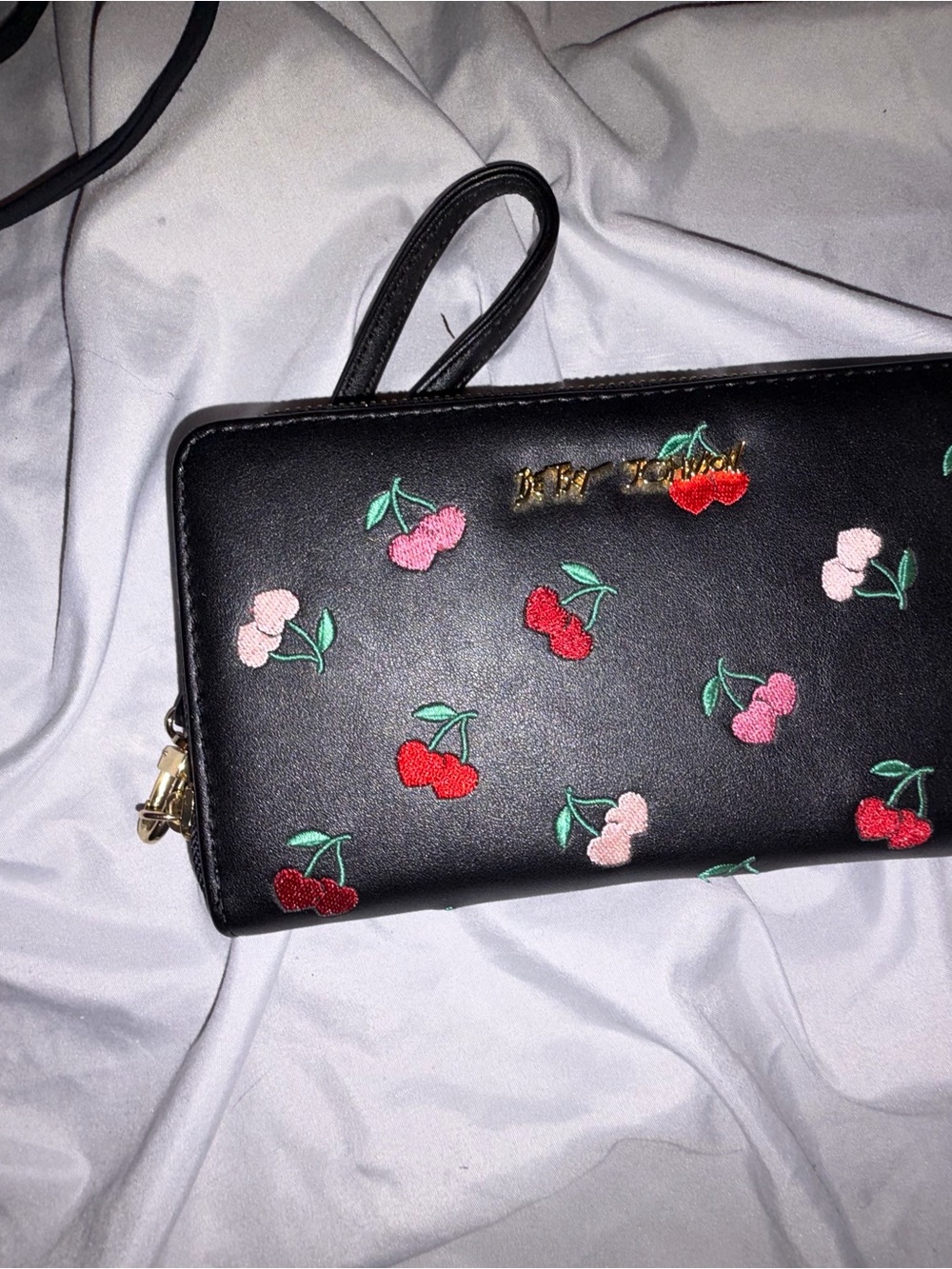 Embroidered Cherry Wristlet Clutch in Black